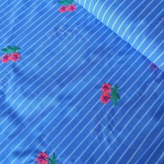 Cotton Poplin Blue Stripe with Embroidered Flower | Dressmaking Fabric