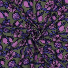 Viscose Pomegranate Fruit Flower Foliage Purple on Green | Dressmaking Fabric